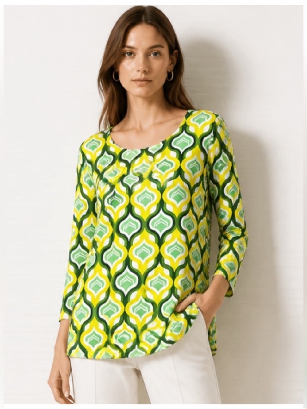 J MCLAUGHLIN Catalina Cloth Top Blouse Geometric Green Yellow 3/4 Sleeves Medium